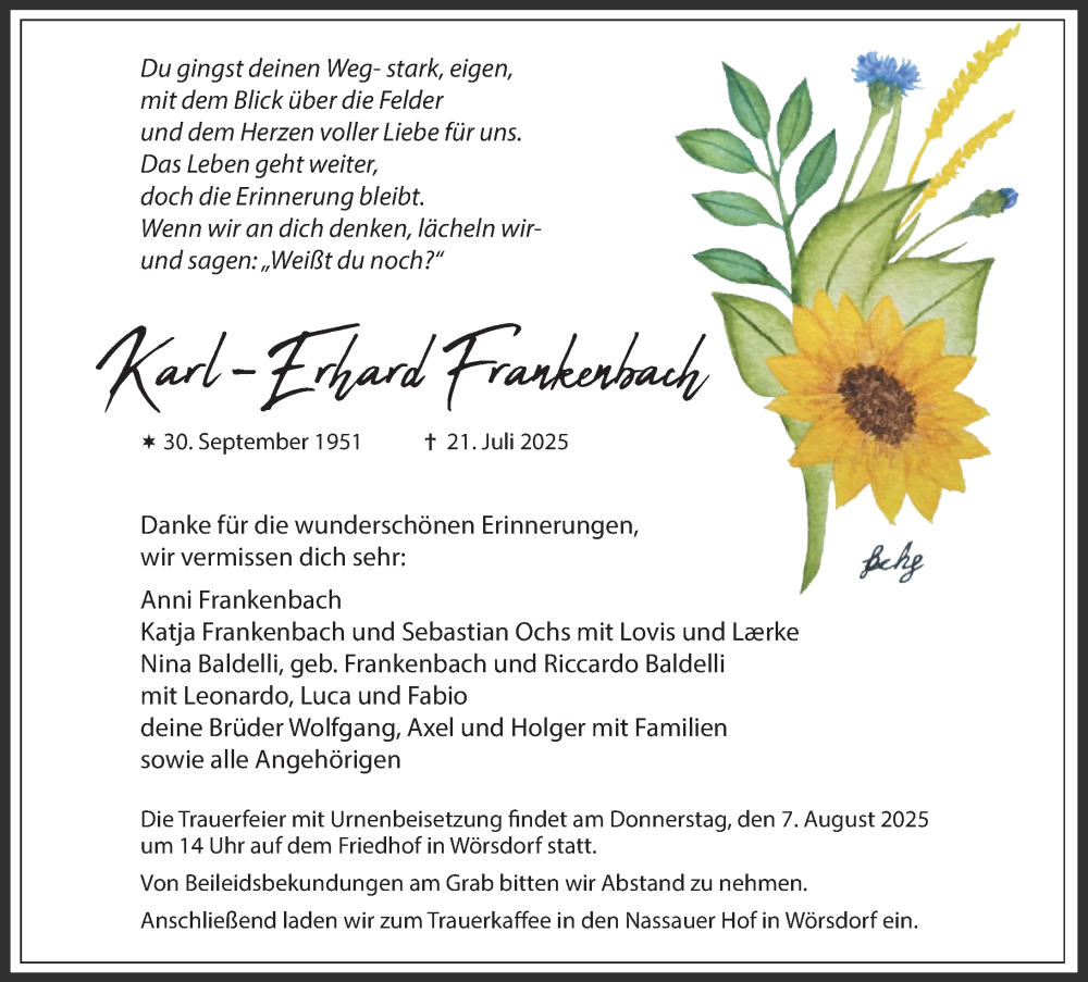  Traueranzeige für Karl-Erhard Frankenbach vom 02.08.2025 aus Idsteiner Land/Untertaunus