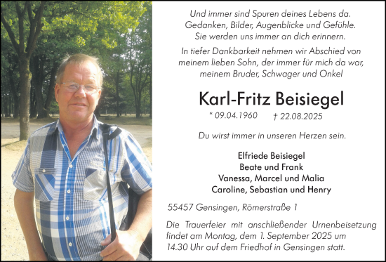 Traueranzeige von Karl-Fritz Beisiegel von Allgemeine Zeitung Rheinhessen-Nahe