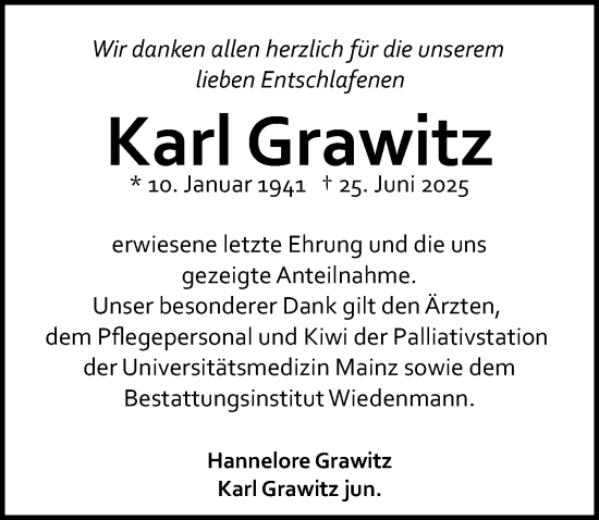 Traueranzeige von Karl Grawitz von Allgemeine Zeitung Mainz