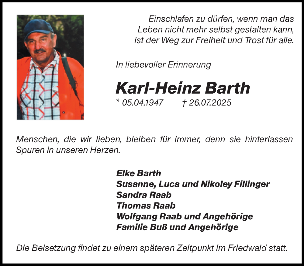  Traueranzeige für Karl-Heinz Barth vom 02.08.2025 aus Allgemeine Zeitung Mainz