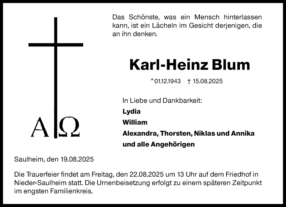  Traueranzeige für Karl-Heinz Blum vom 19.08.2025 aus Allgemeine Zeitung Alzey