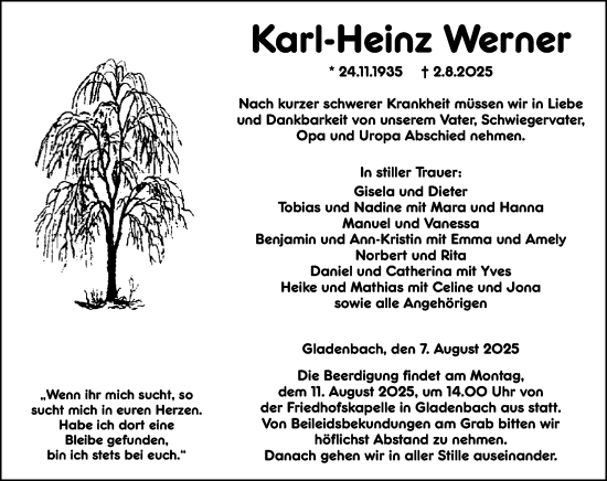Traueranzeige von Karl-Heinz Werner von Hinterländer Anzeiger