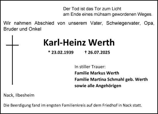 Traueranzeige von Karl-Heinz Werth von Allgemeine Zeitung Alzey