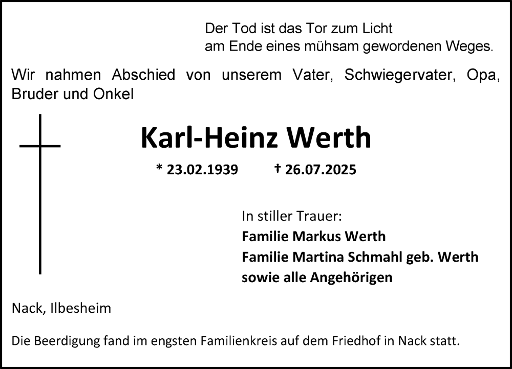  Traueranzeige für Karl-Heinz Werth vom 04.08.2025 aus Allgemeine Zeitung Alzey