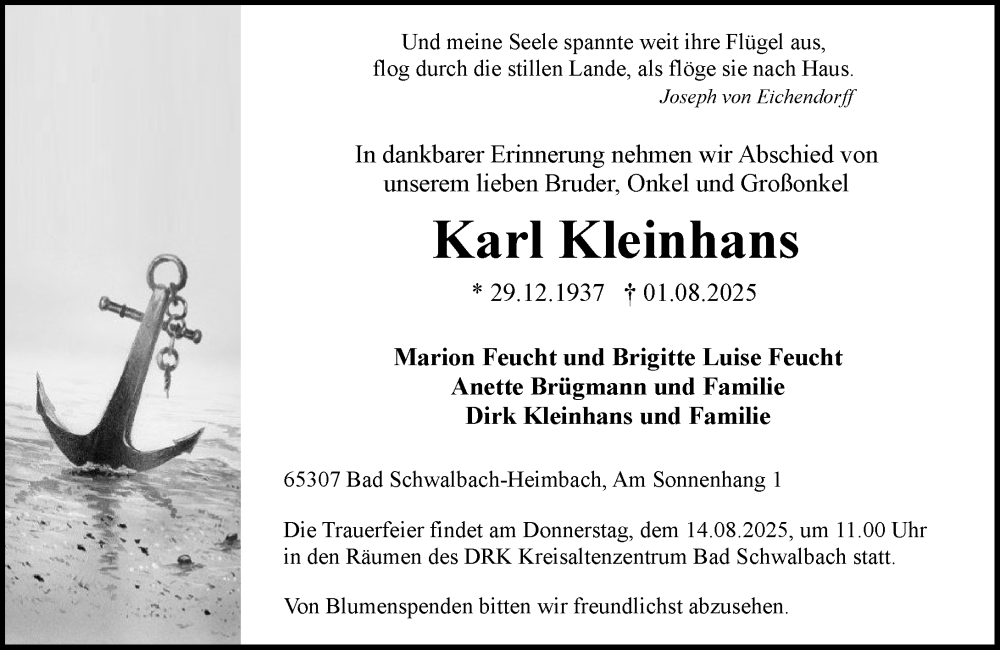  Traueranzeige für Karl Kleinhans vom 09.08.2025 aus Wiesbadener Kurier