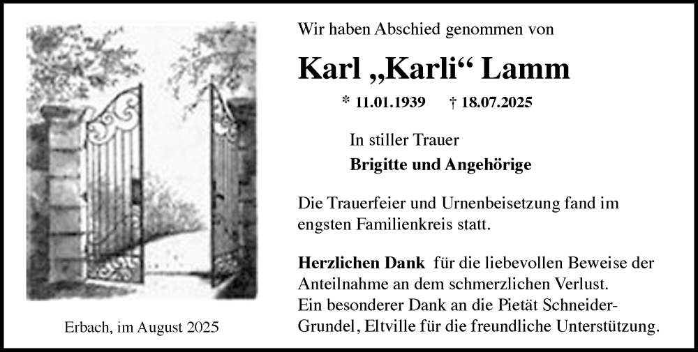  Traueranzeige für Karl Lamm vom 16.08.2025 aus Rheingau Kurier