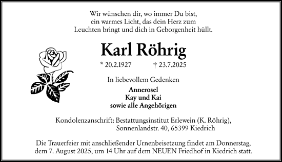 Traueranzeige von Karl Röhrig von Wiesbadener Kurier