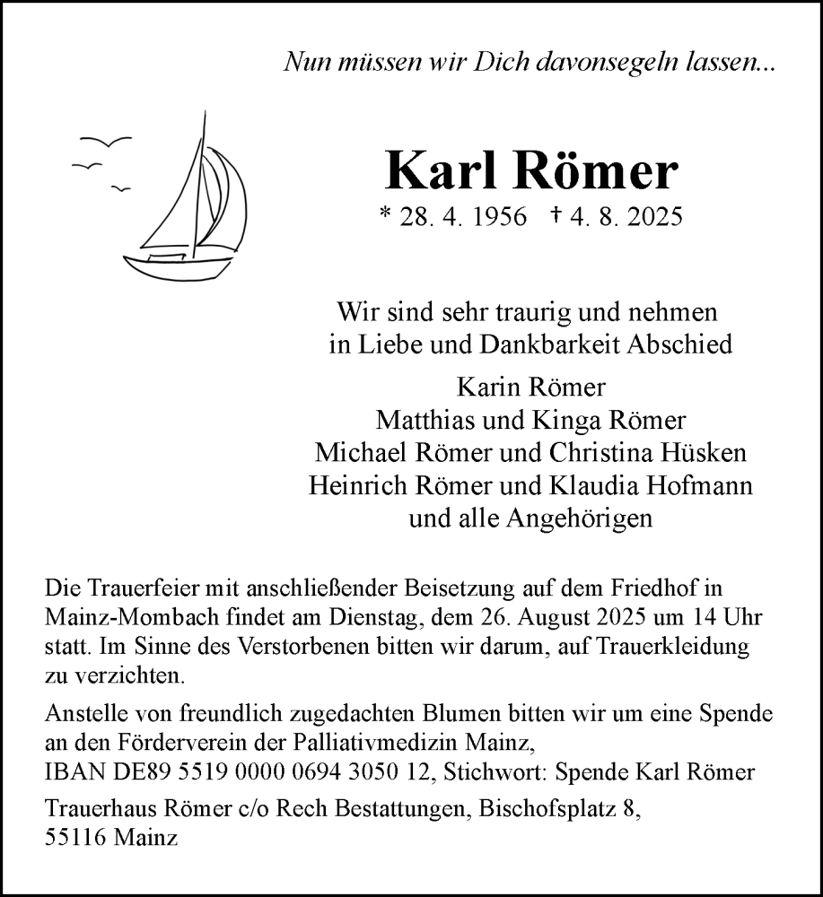  Traueranzeige für Karl Römer vom 09.08.2025 aus Allgemeine Zeitung Mainz