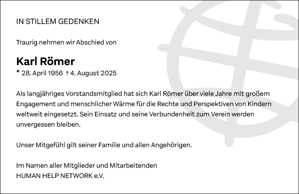  Traueranzeige für Karl Römer vom 16.08.2025 aus Allgemeine Zeitung Mainz