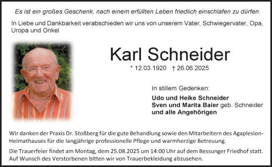Traueranzeige von Karl Schneider von Darmstädter Echo