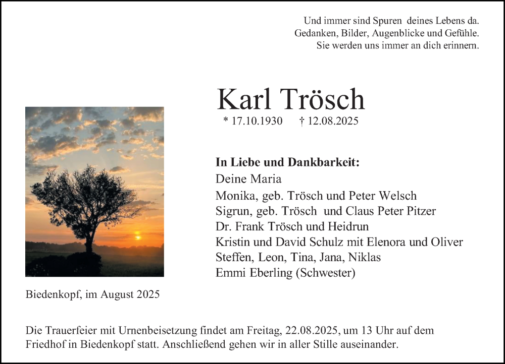  Traueranzeige für Karl Trösch vom 19.08.2025 aus Hinterländer Anzeiger