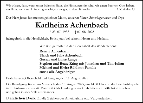 Traueranzeige von Karlheinz Achenbach von Dill Block