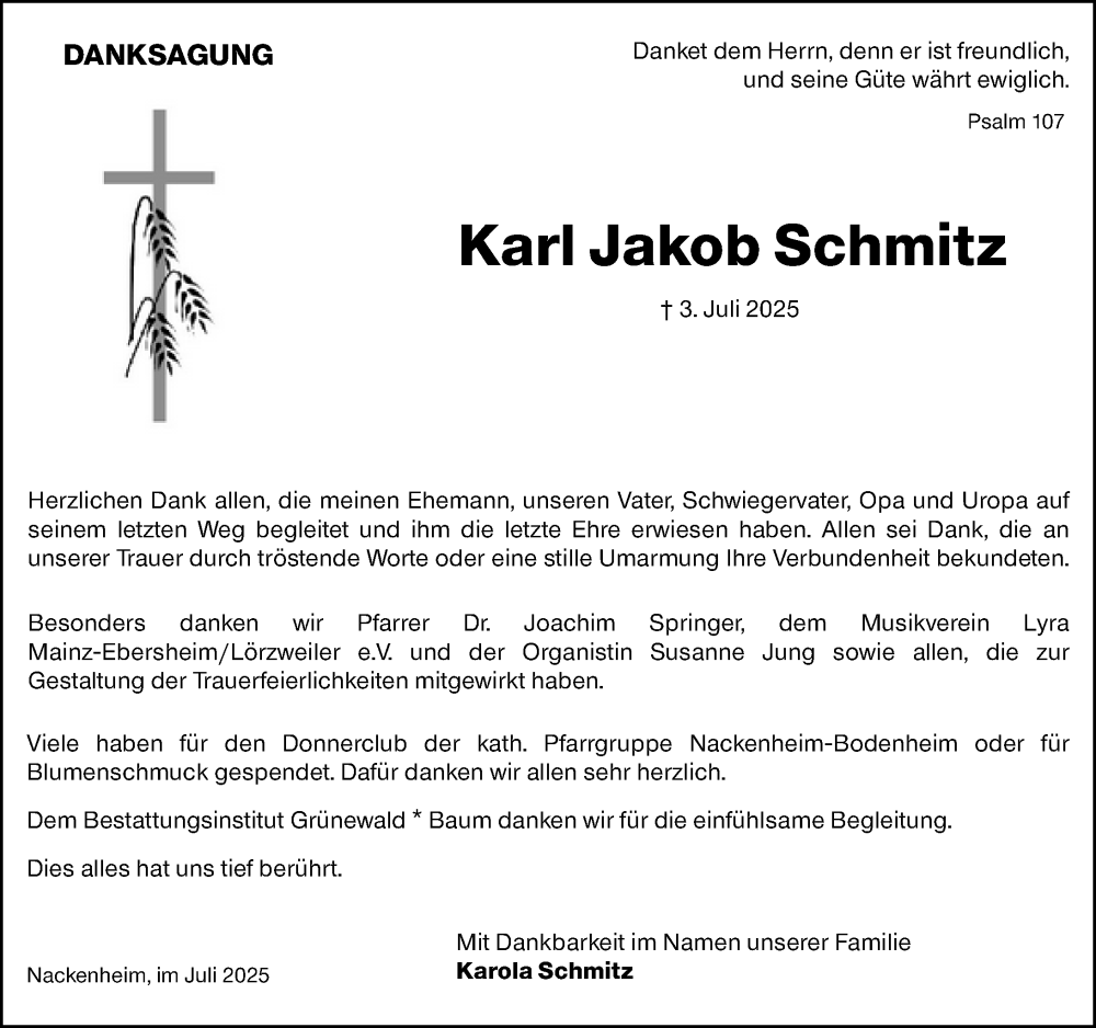  Traueranzeige für Karl Jakob Schmitz vom 02.08.2025 aus Allgemeine Zeitung Mainz