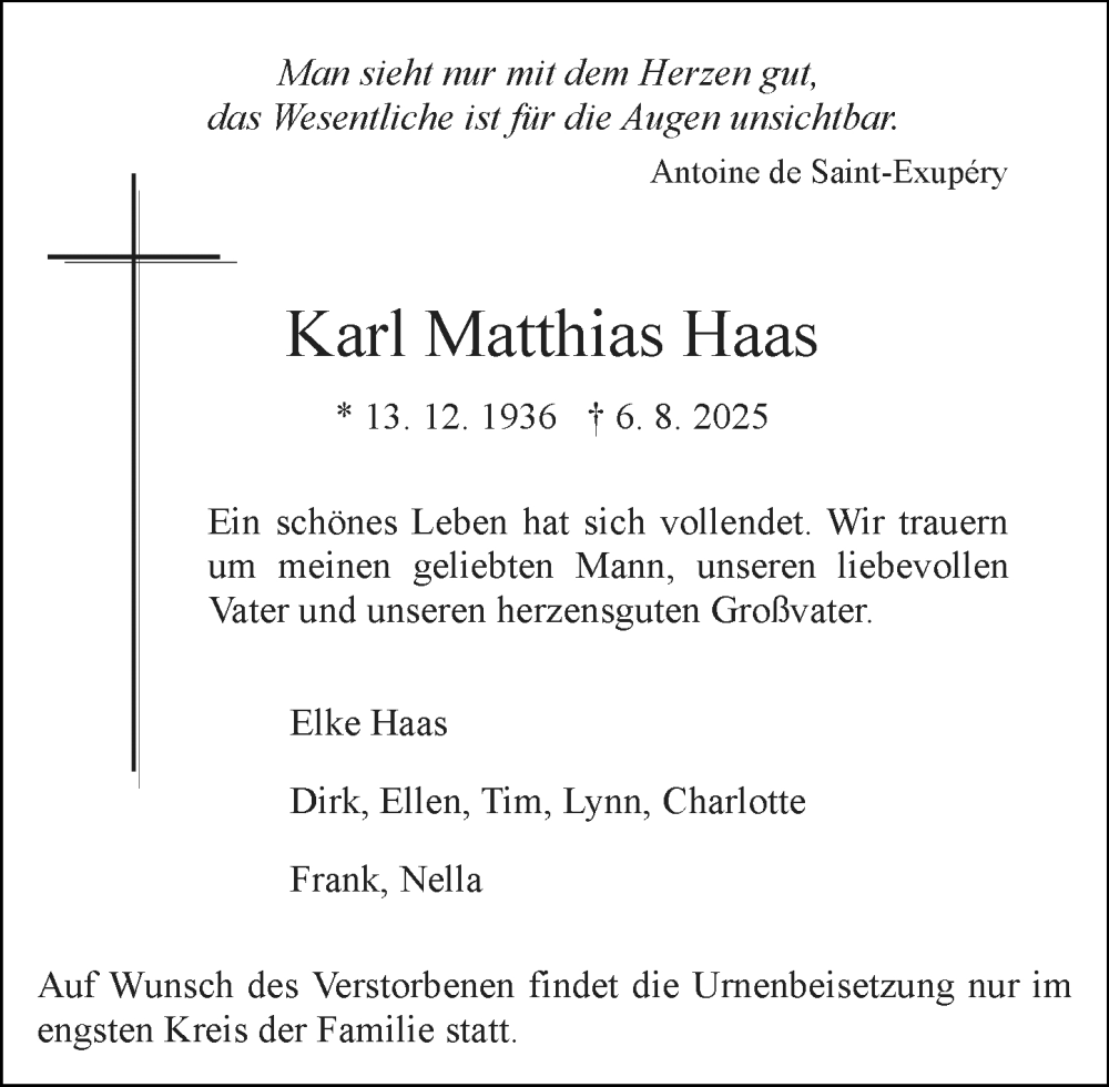  Traueranzeige für Karl Matthias Haas vom 16.08.2025 aus Allgemeine Zeitung Mainz