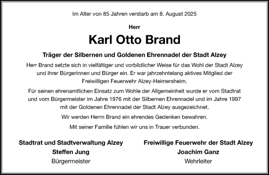 Traueranzeige von Karl Otto Brand von Allgemeine Zeitung Alzey