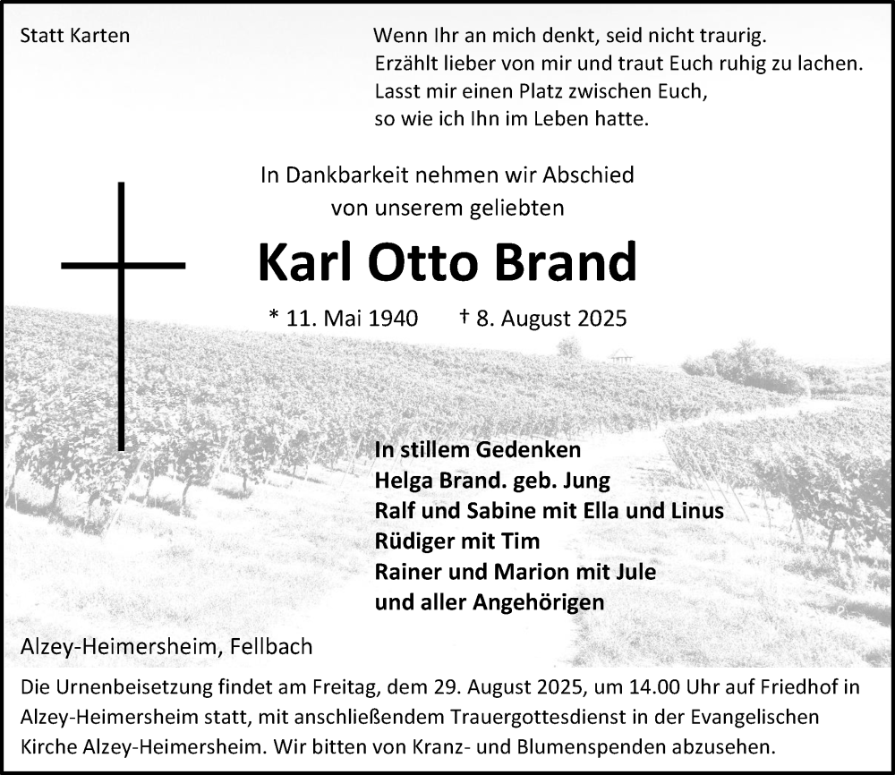  Traueranzeige für Karl Otto Brand vom 23.08.2025 aus Allgemeine Zeitung Alzey