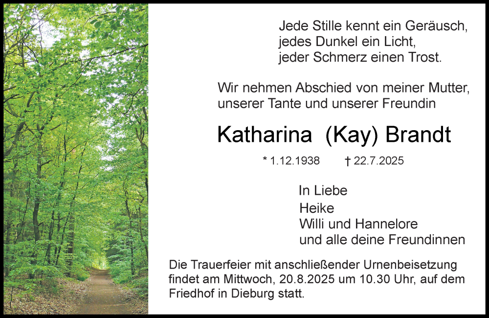  Traueranzeige für Katharina Brandt vom 09.08.2025 aus Dieburger Anzeiger/Groß-Zimmerner Lokal-Anzeiger