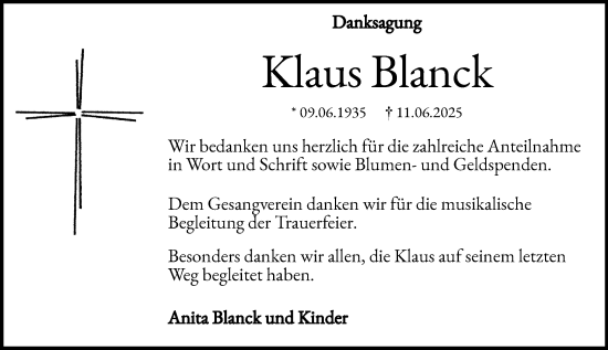 Traueranzeige von Klaus Blanck von Wormser Zeitung