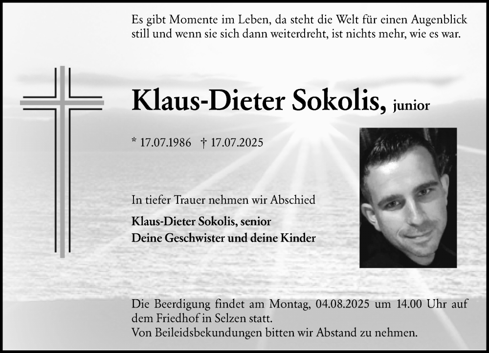  Traueranzeige für Klaus-Dieter Sokolis, junior vom 02.08.2025 aus Allgemeine Zeitung Mainz