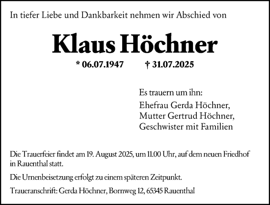 Traueranzeige von Klaus Höchner von Rheingau Kurier