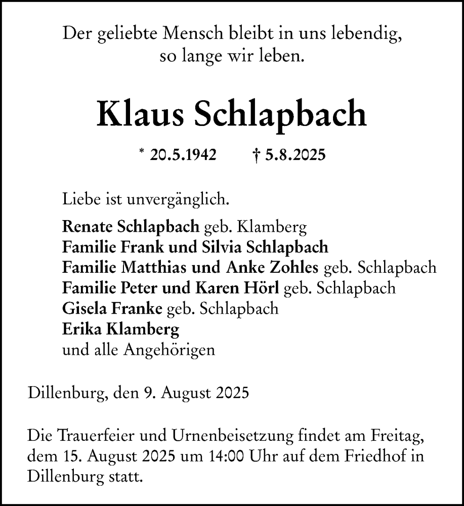  Traueranzeige für Klaus Schlapbach vom 09.08.2025 aus Dill Block
