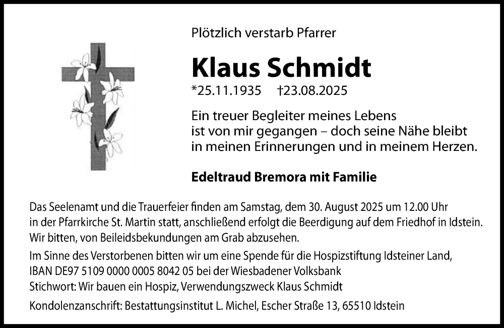  Traueranzeige für Klaus Schmidt vom 27.08.2025 aus Idsteiner Land/Untertaunus
