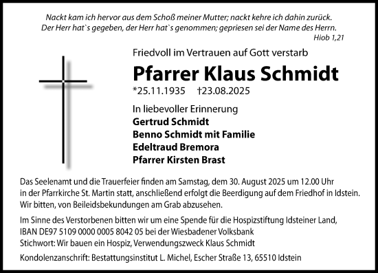 Traueranzeige von Klaus Schmidt von Wiesbadener Kurier