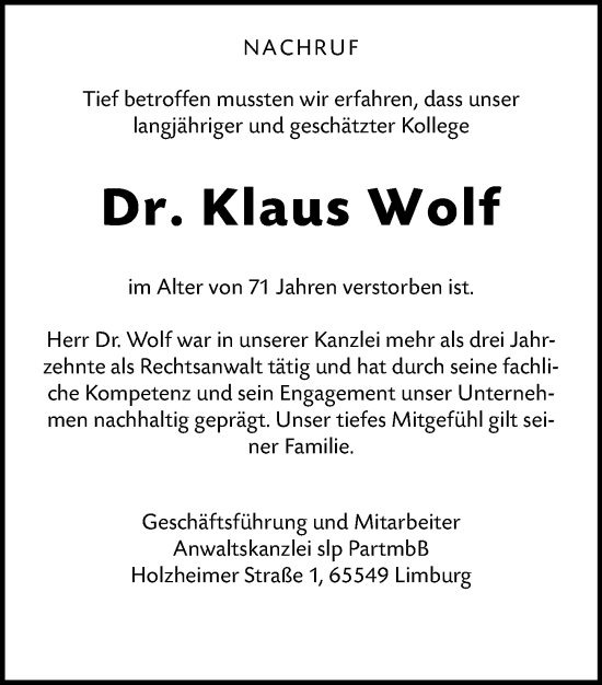 Traueranzeige von Klaus Wolf von Nassauische Neue Presse