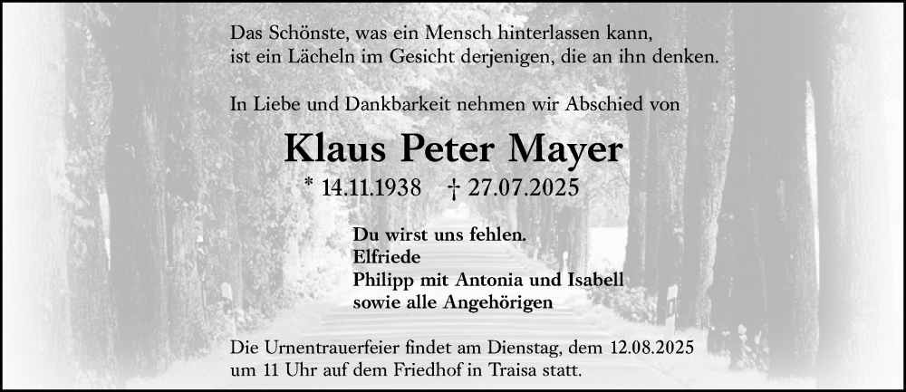  Traueranzeige für Klaus Peter Mayer vom 09.08.2025 aus Darmstädter Echo