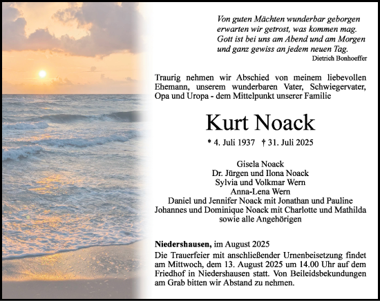 Traueranzeige von Kurt Noack von Weilburger Tageblatt