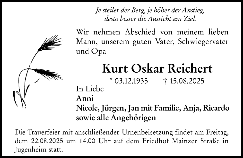  Traueranzeige für Kurt Oskar Reichert vom 19.08.2025 aus Allgemeine Zeitung Mainz