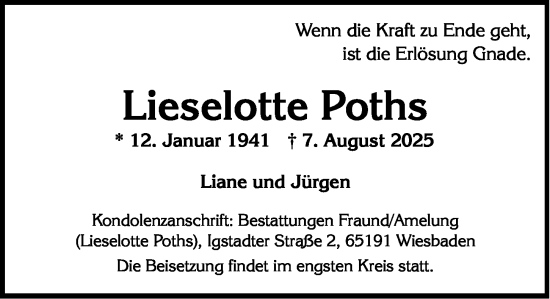 Traueranzeige von Lieselotte Poths von Wiesbadener Kurier