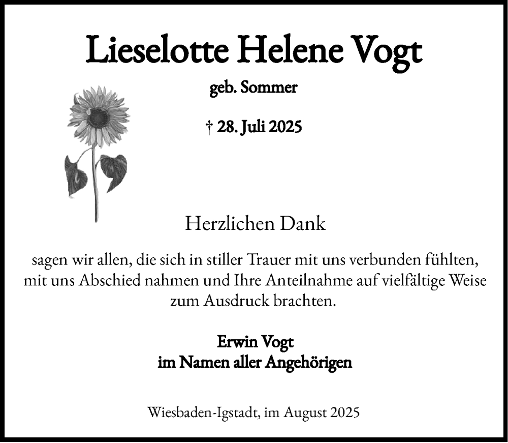  Traueranzeige für Lieselotte Helene Vogt vom 16.08.2025 aus Wiesbadener Kurier