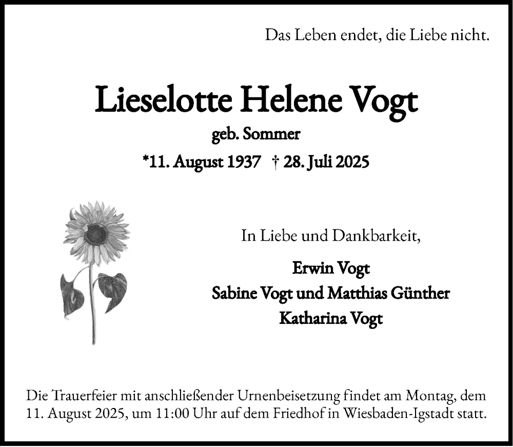  Traueranzeige für Lieselotte Helene Vogt vom 02.08.2025 aus Wiesbadener Kurier