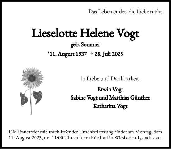 Traueranzeige von Lieselotte Helene Vogt von Wiesbadener Kurier