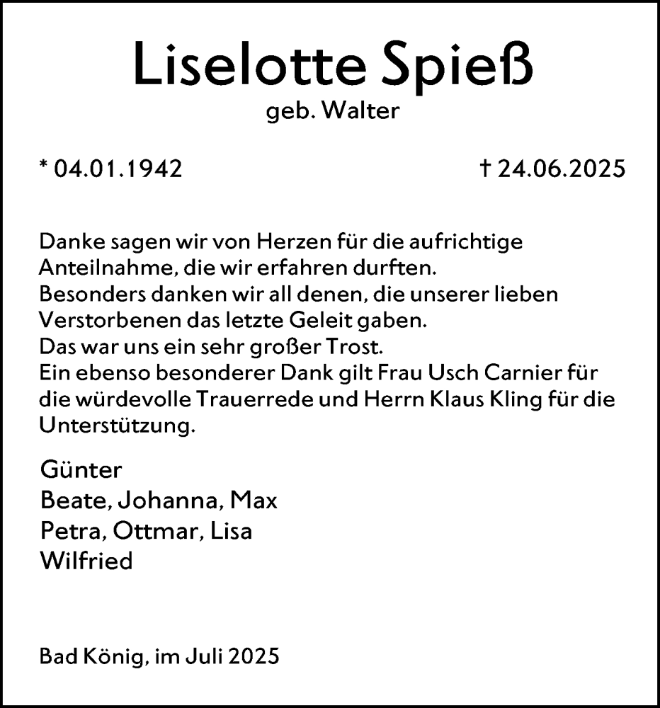  Traueranzeige für Liselotte Spieß vom 02.08.2025 aus Odenwälder Echo