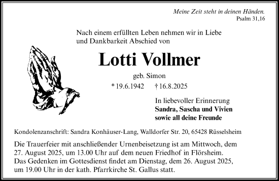 Traueranzeige von Lotti Vollmer von Rüsselsheimer Echo