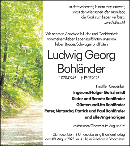 Traueranzeige von Ludwig Georg Bohländer von Odenwälder Echo