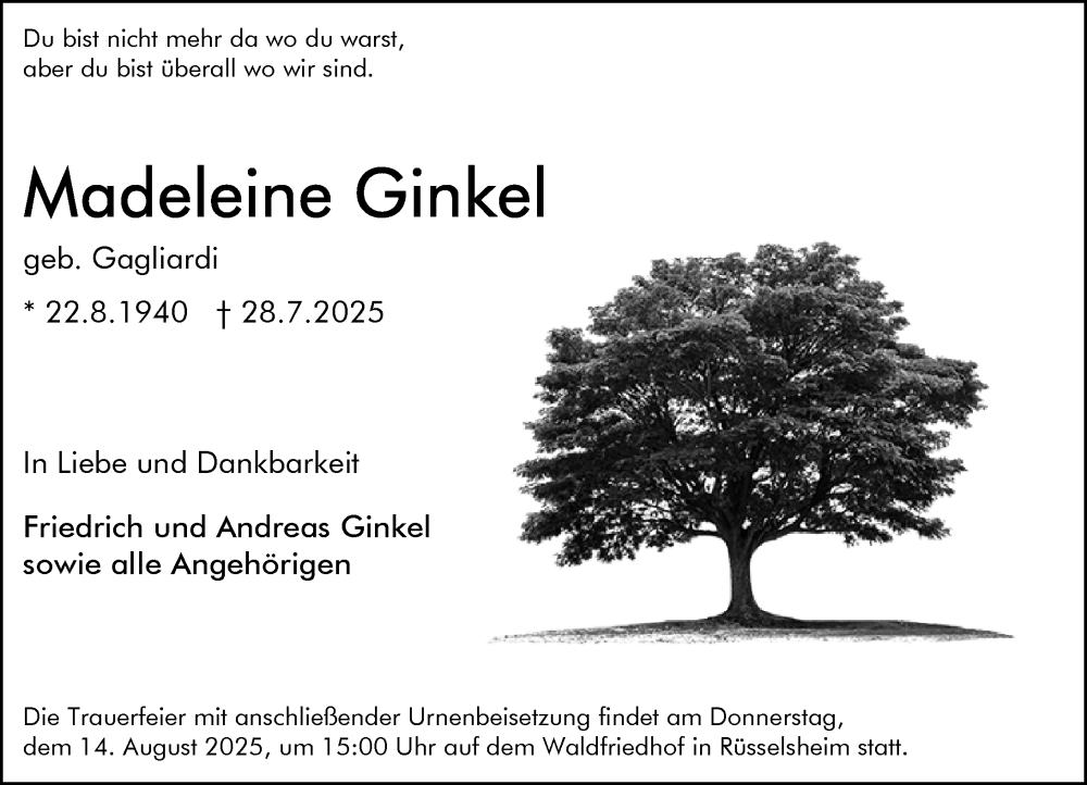  Traueranzeige für Madeleine Ginkel vom 09.08.2025 aus Rüsselsheimer Echo