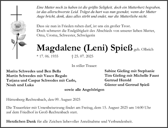 Traueranzeige von Magdalene Spieß von Wetzlarer Neue Zeitung