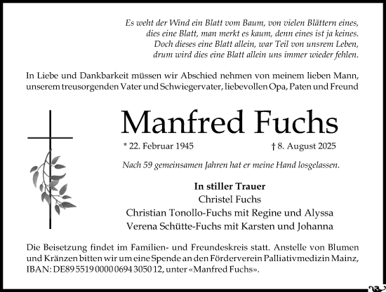 Traueranzeige von Manfred Fuchs von Allgemeine Zeitung Mainz