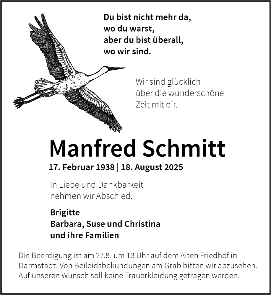  Traueranzeige für Manfred Schmitt vom 23.08.2025 aus Darmstädter Echo