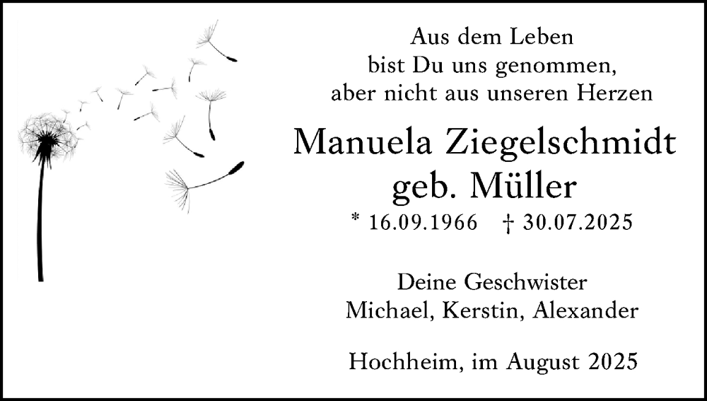  Traueranzeige für Manuela Ziegelschmidt vom 09.08.2025 aus Wiesbadener Kurier