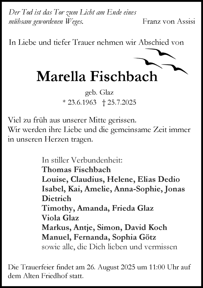  Traueranzeige für Marella Fischbach vom 16.08.2025 aus Darmstädter Echo