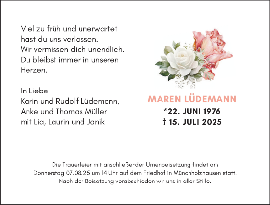 Traueranzeige von Maren Lüdemann von Wetzlarer Neue Zeitung