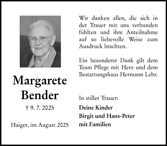 Traueranzeige von Margarete Bender von Dill Block