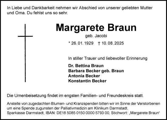 Traueranzeige von Margarete Braun von Darmstädter Echo