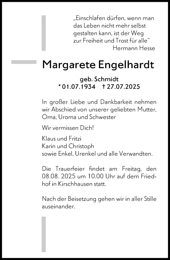 Traueranzeige von Margarete Engelhardt von Starkenburger Echo