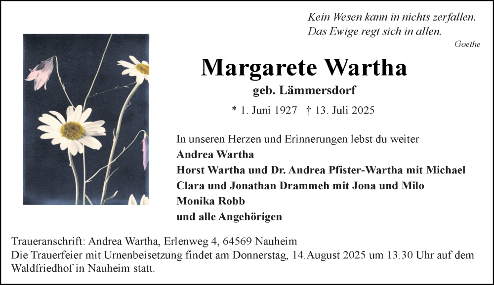  Traueranzeige für Margarete Wartha vom 09.08.2025 aus Groß-Gerauer Echo