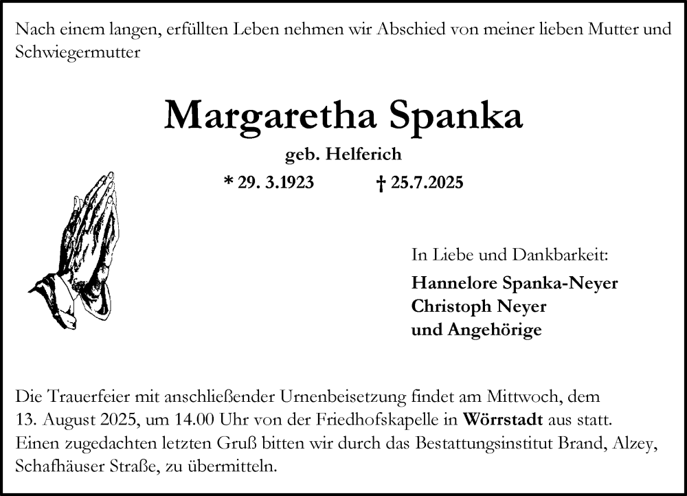  Traueranzeige für Margaretha Spanka vom 02.08.2025 aus Allgemeine Zeitung Alzey